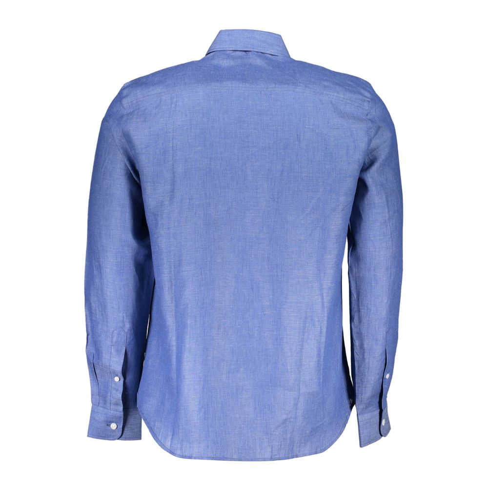 North Sails Blue Linen Men Shirt, long sleeve, regular fit, Italian collar, rear view.