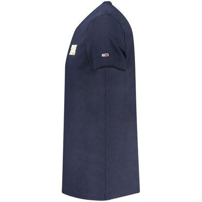 Tommy Hilfiger Blue Cotton Men T-Shirt, side view showcasing iconic embroidery and logo design.