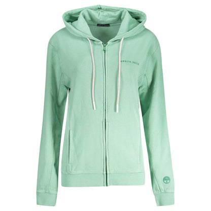 North Sails Green Cotton Women Sweater with hood and zip closure, featuring a bold embossed print and twin central pockets.