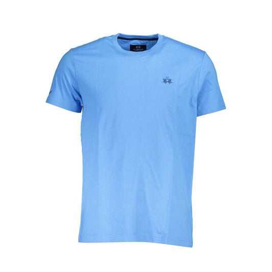 La Martina Blue Cotton Men T-Shirt with crew neck and logo embroidery, showcasing luxury and style in a sophisticated blue hue.