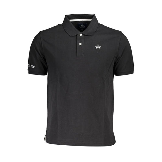 La Martina Black Cotton Men Polo Shirt with elegant short sleeves and iconic logo embroidery, featuring a stylish two-button placket.