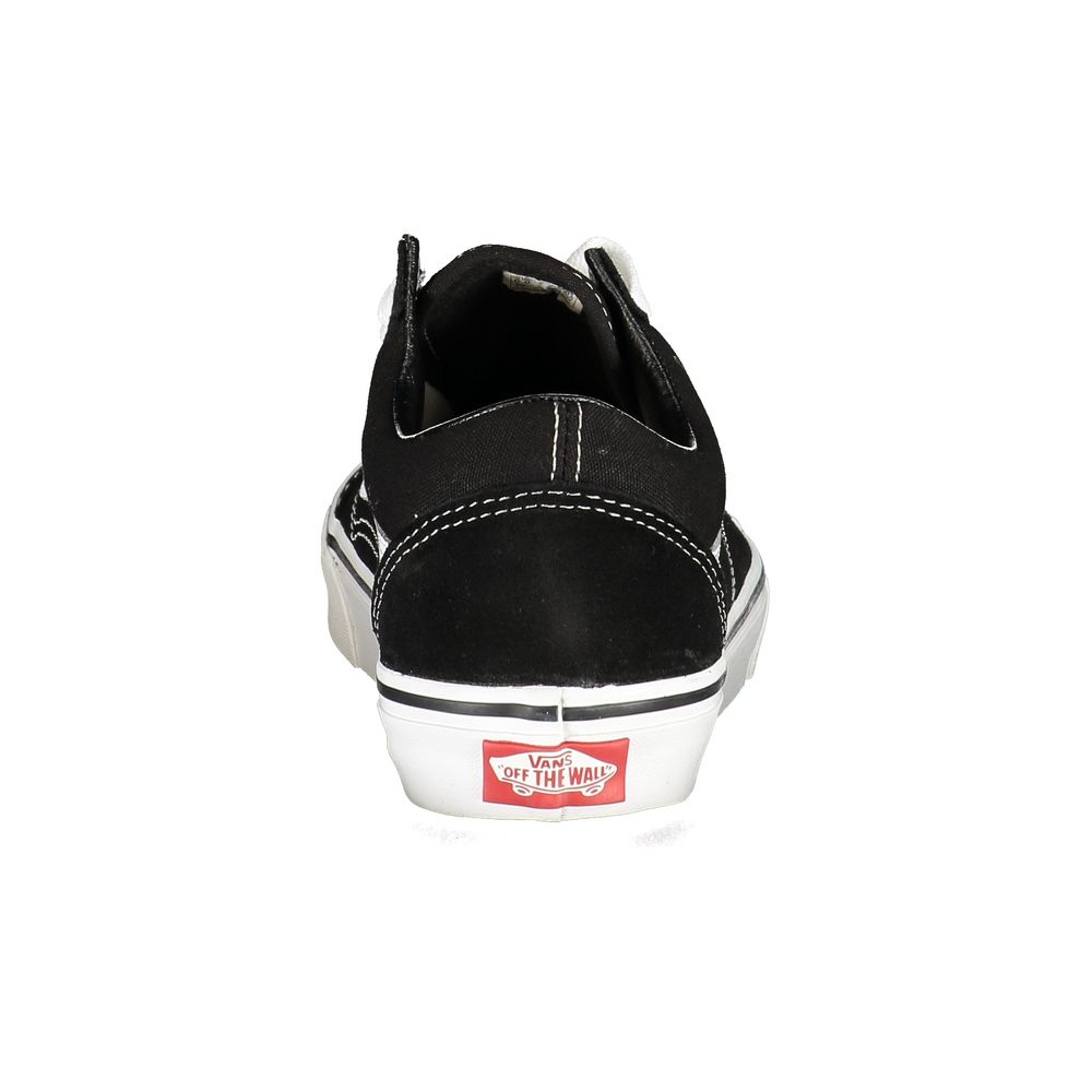 Back view of Vans Black Leather Men Sneaker displaying iconic red logo on sole.