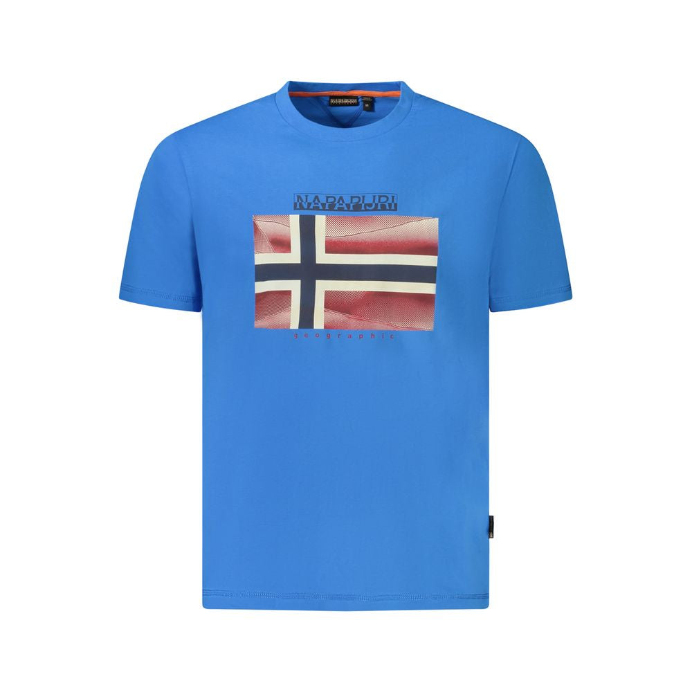 Napapijri Blue Cotton Men T-Shirt with flag print and logo, crafted from 100% organic cotton, offering a stylish and comfortable fit.