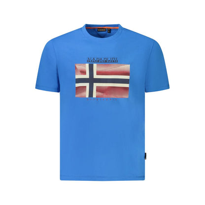 Napapijri Blue Cotton Men T-Shirt with flag print and logo, crafted from 100% organic cotton, offering a stylish and comfortable fit.