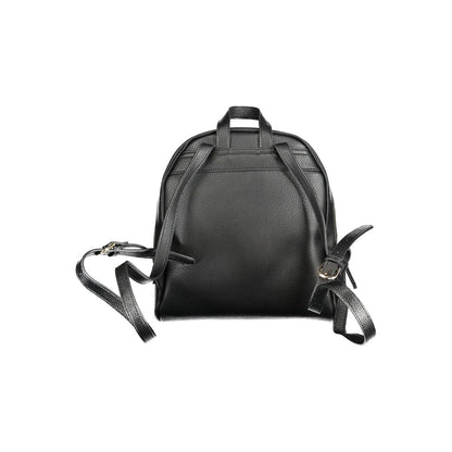 Mario Valentino Black Polyethylene Backpack with adjustable straps and external pocket, viewed from back, zip closure visible.