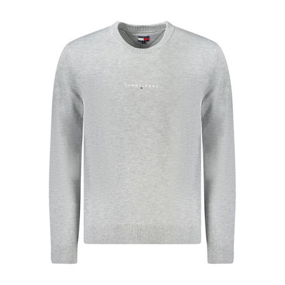 Gray crew neck sweater with Tommy Jeans logo, crew neck, ribbed cuffs, and hem