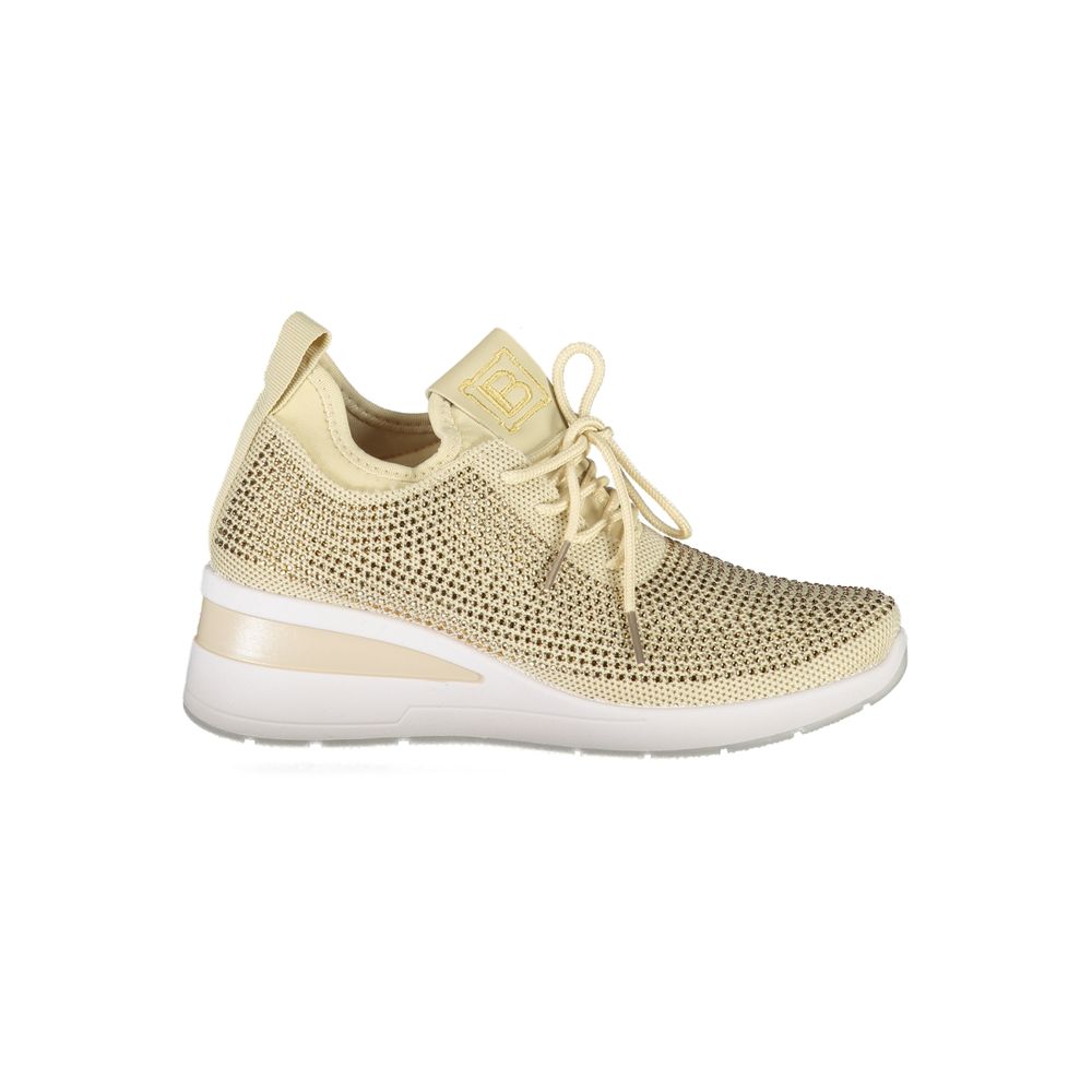 Laura Biagiotti Beige Polyester Women Sneaker with rhinestone embellishments and embroidery, featuring a removable insole and 4 cm heel.