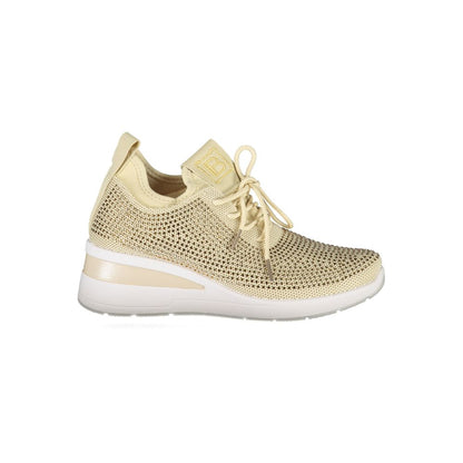 Laura Biagiotti Beige Polyester Women Sneaker with rhinestone embellishments and embroidery, featuring a removable insole and 4 cm heel.