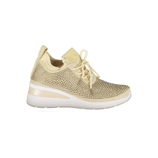 Laura Biagiotti Beige Polyester Women Sneaker with rhinestone embellishments and embroidery, featuring a removable insole and 4 cm heel.
