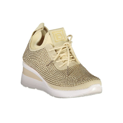 Laura Biagiotti Beige Polyester Women Sneaker with rhinestones and embroidery, featuring a 4 cm heel. Stylish and comfortable.