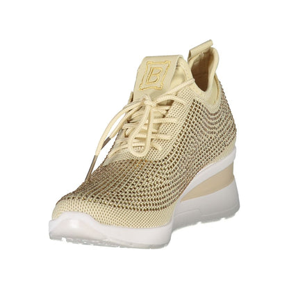 Laura Biagiotti Beige Polyester Women Sneaker with rhinestone embellishments and 4 cm heel, showcasing contemporary style and comfort.