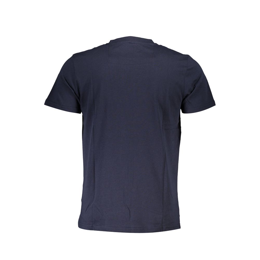 Alt Tag: Back view of Cavalli Class Blue Cotton Men T-Shirt with short sleeves and crew neck, showcasing Italian contemporary chic design.