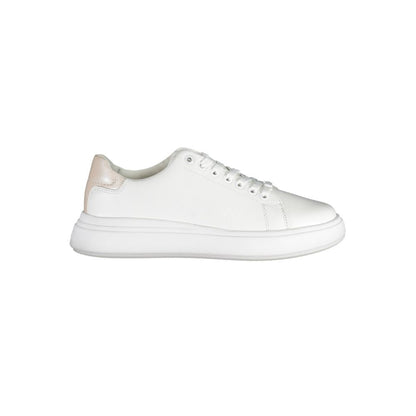Calvin Klein White Leather Women Sneaker with contrasting details and iconic logo, showcasing sophisticated urban style in polyester and leather.