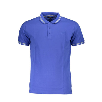 Cavalli Class Blue Cotton Men Polo Shirt with embroidered details and 3-button placket, showcasing timeless style and luxury.