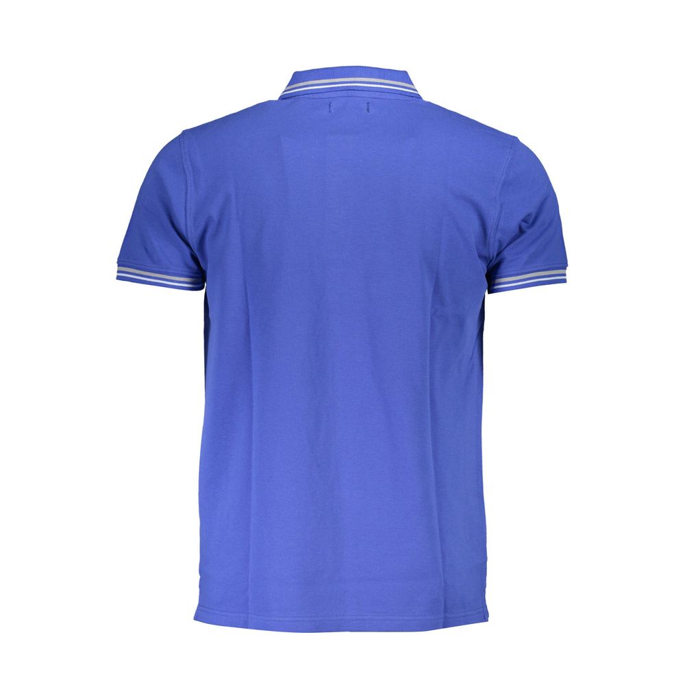 Cavalli Class Blue Cotton Men Polo Shirt - back view of the short sleeve polo with embroidered detailing and 3-button placket.