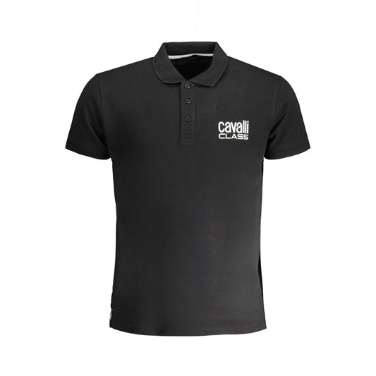Cavalli Class Black Cotton Polo Shirt with short sleeves, button detail, and logo print