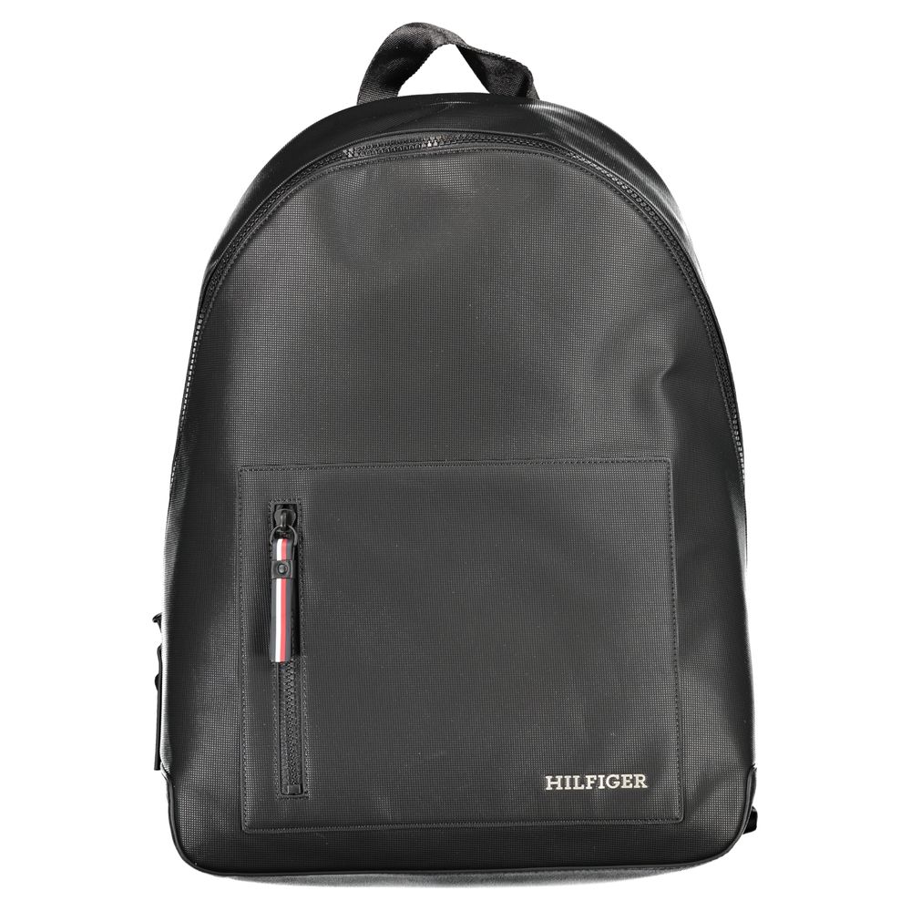 Tommy Hilfiger Black Polyester Backpack with adjustable straps, external pocket, and logo, made from recycled materials.