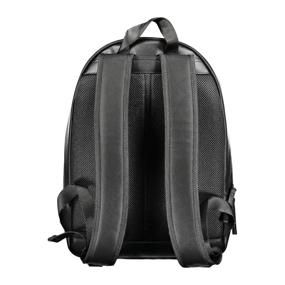 Rear view of Tommy Hilfiger Black Polyester Backpack with adjustable straps and top handle.