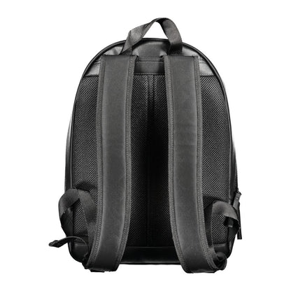 Rear view of Tommy Hilfiger Black Polyester Backpack with adjustable straps and top handle.