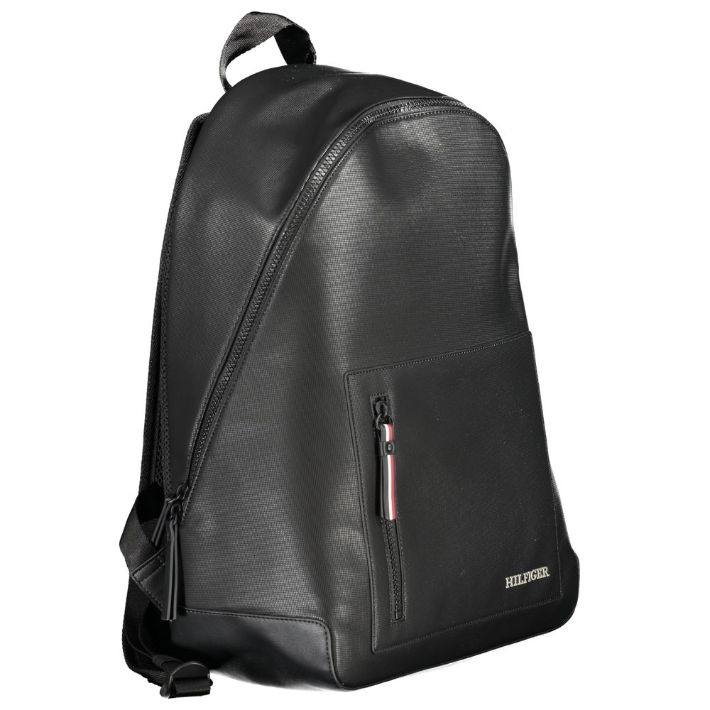 Tommy Hilfiger Black Polyester Backpack with adjustable straps, external pocket, contrasting details, and logo detail.