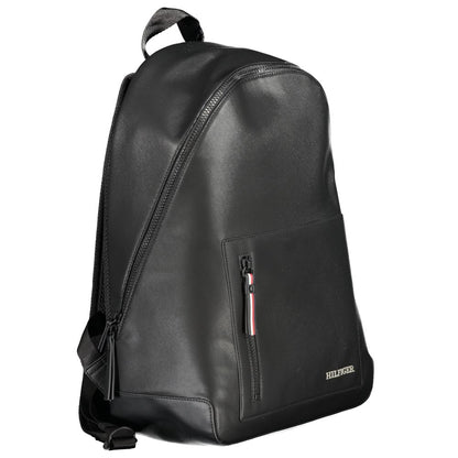 Tommy Hilfiger Black Polyester Backpack with adjustable straps, external pocket, contrasting details, and logo detail.
