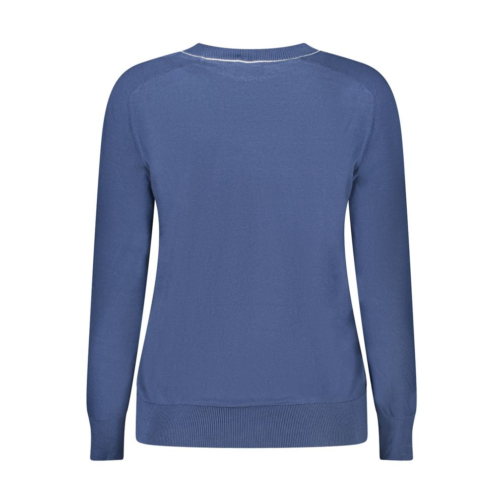Back view of North Sails Blue Cotton Women Sweater, showcasing long sleeves and fine craftsmanship for style and comfort.