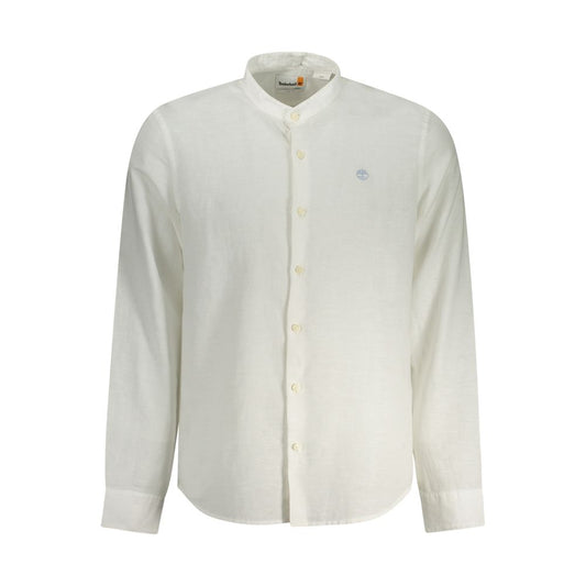 Timberland White Cotton Shirt, long sleeve, slim fit, mandarin collar with buttons and embroidery logo, perfect for smart casual wear.