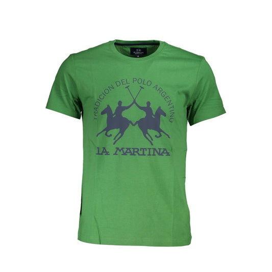 La Martina Green Cotton Men T-Shirt with signature print and logo, short sleeve, crew neck design for modern style and comfort.