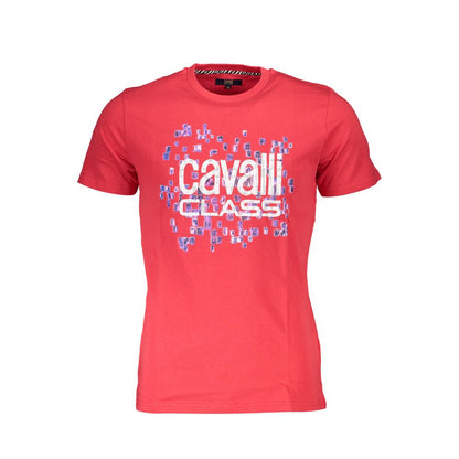 Cavalli Class Red Cotton Men T-Shirt with logo and print, short-sleeve crew neck design for casual luxury.