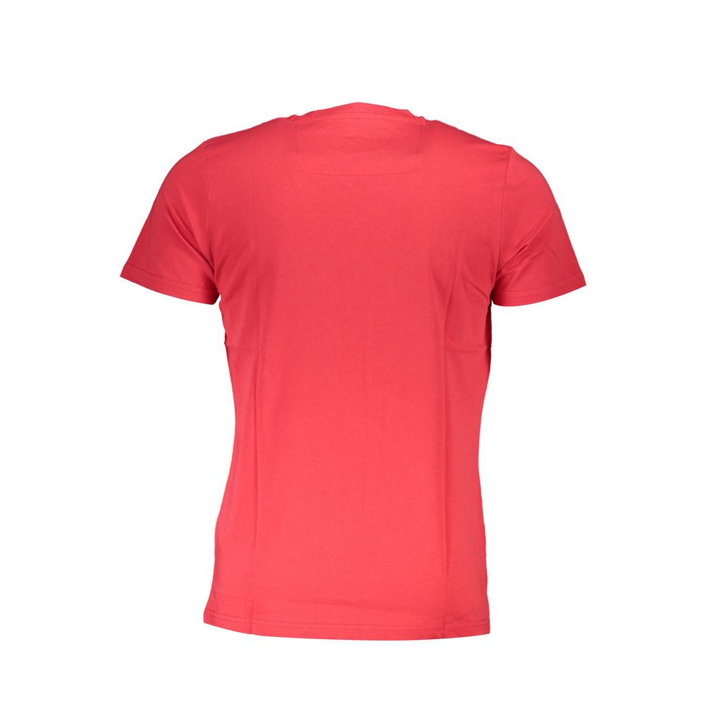 Back view of Cavalli Class Red Cotton Men T-Shirt showcasing short sleeves and vibrant red hue.
