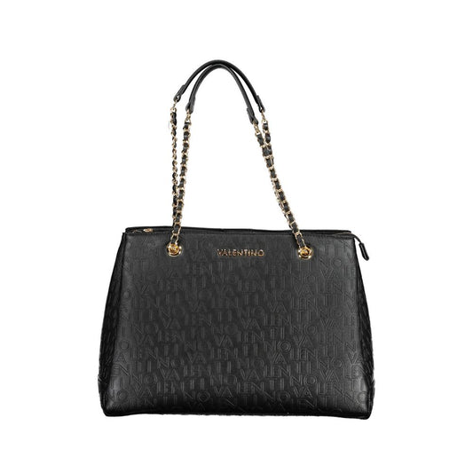 Mario Valentino Black Polyethylene Women Handbag with chain handles and embossed logo, showcasing elegance and functionality.