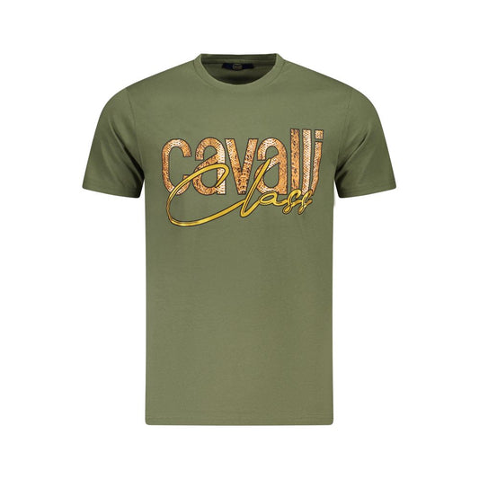 Cavalli Class Green Cotton Men T-Shirt with iconic logo and stylish crewneck design, showcasing modern elegance and luxury.