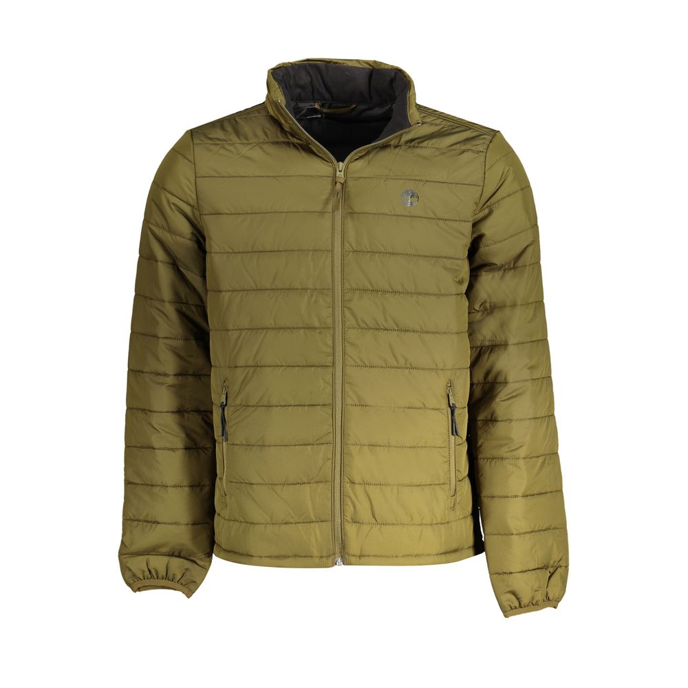 Timberland Green Polyester Men's Jacket with recycled material, featuring multiple pockets for functionality and eco-friendly style.