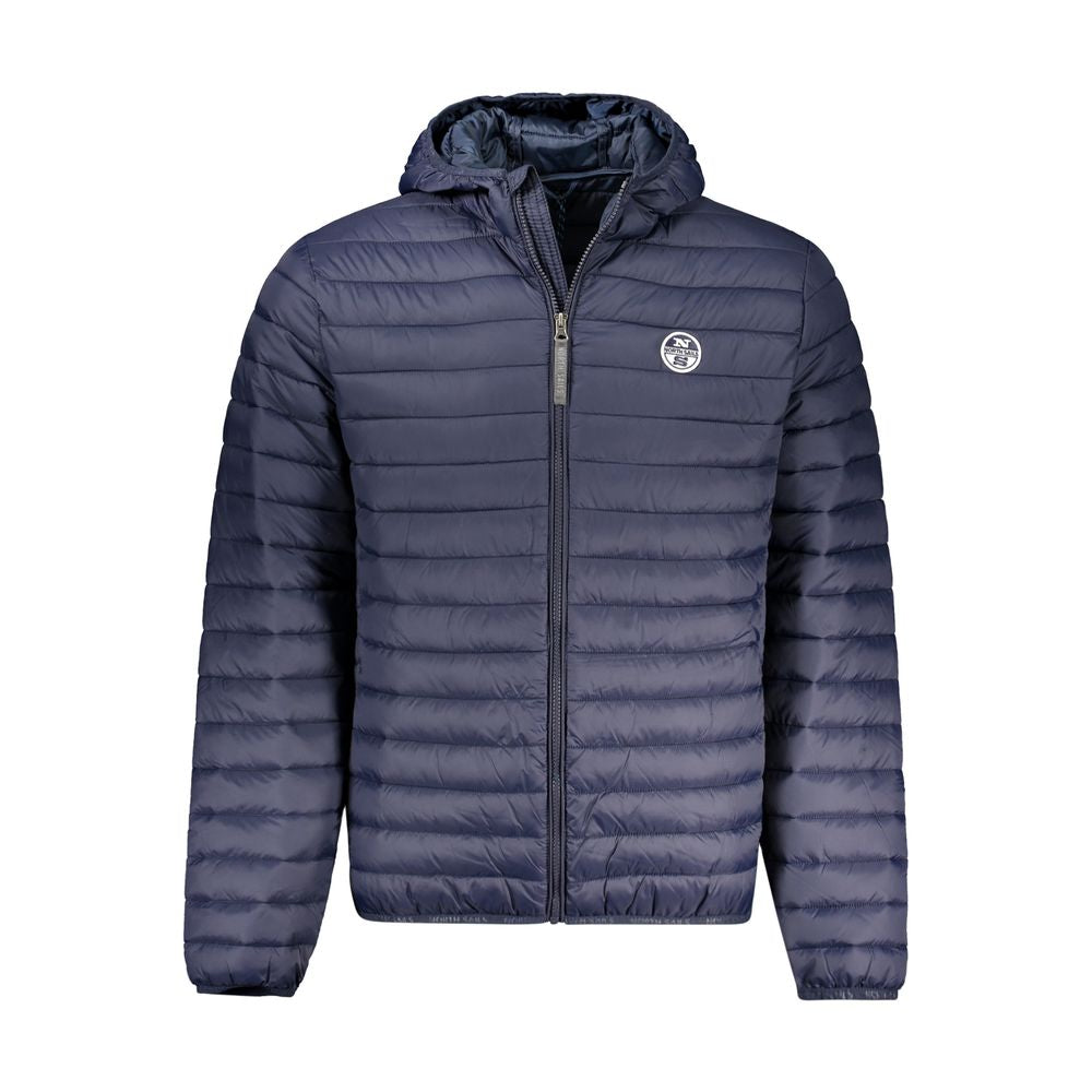 North Sails Blue Polyamide Men Jacket with hood and logo, lightweight design, featuring external and internal pockets for functionality and style.