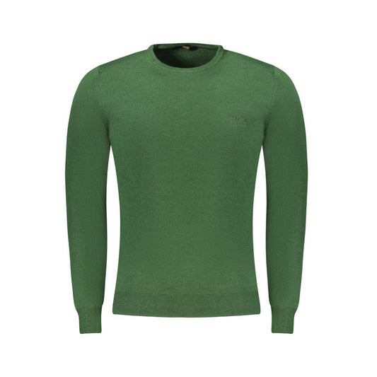 Cavalli Class Green Viscose Men Sweater featuring exquisite embroidery and logo, long-sleeved for modern sophistication and style.