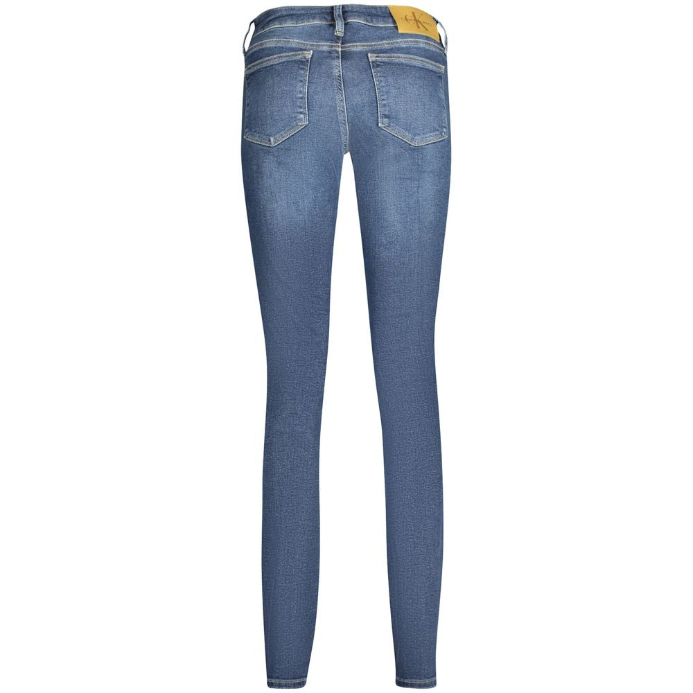 Women's Calvin Klein Blue Cotton Jeans featuring a mid-rise skinny fit with washed effect and five-pocket design.