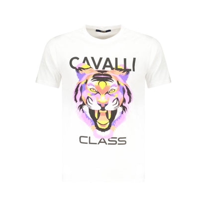 Cavalli Class White Cotton Men T-Shirt with bold tiger print and logo on front, showcasing fashionable style and premium comfort.
