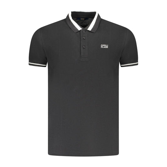 Cavalli Class Black Cotton Men Polo Shirt with contrast buttons and embroidered logo for a sophisticated look.