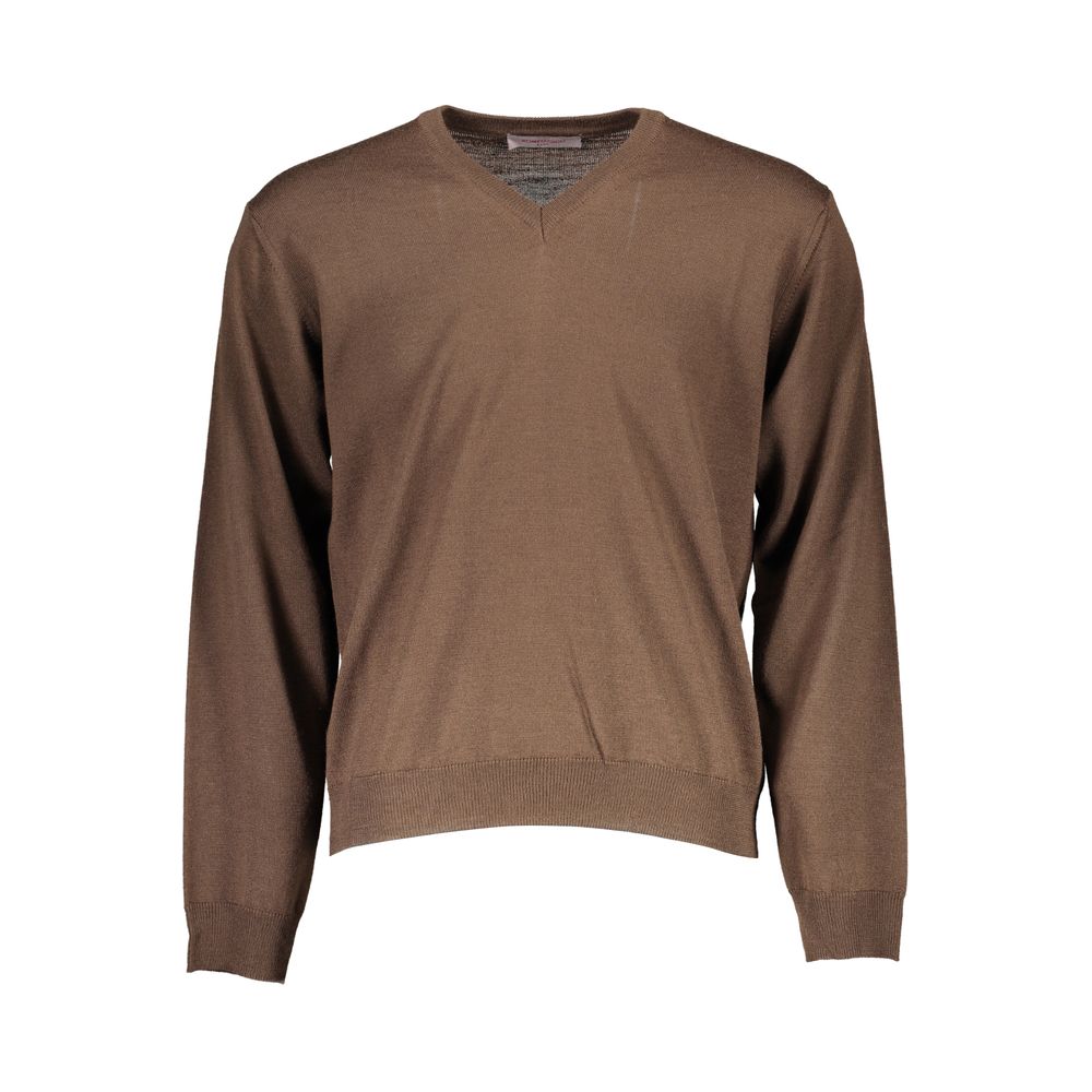 Romeo Gigli Brown Wool Men Sweater with V-neck, showcasing Italian craftsmanship in an earthy hue. Perfect for versatile, sophisticated style.