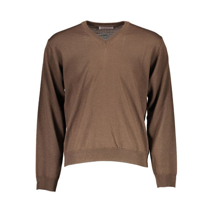 Romeo Gigli Brown Wool Men Sweater with V-neck, showcasing Italian craftsmanship in an earthy hue. Perfect for versatile, sophisticated style.
