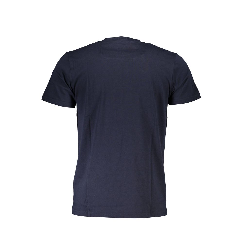 Back view of Cavalli Class Blue Cotton Men T-Shirt displaying short sleeves and premium cotton fabric.