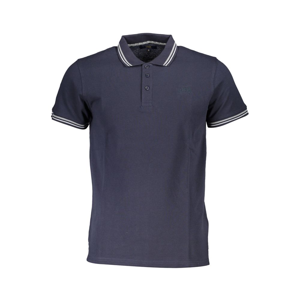 Cavalli Class Blue Cotton Men Polo Shirt with Italian embroidery and contrasting details.