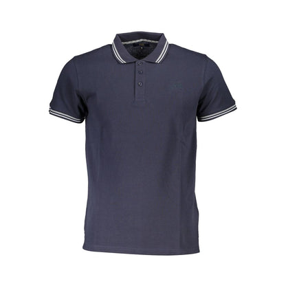 Cavalli Class Blue Cotton Men Polo Shirt with Italian embroidery and contrasting details.
