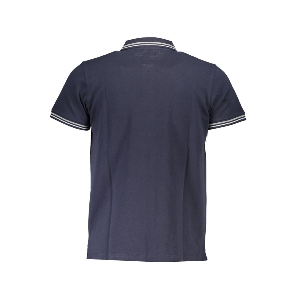 Back view of Cavalli Class Blue Cotton Men Polo Shirt with contrasting details and logo embroidery.