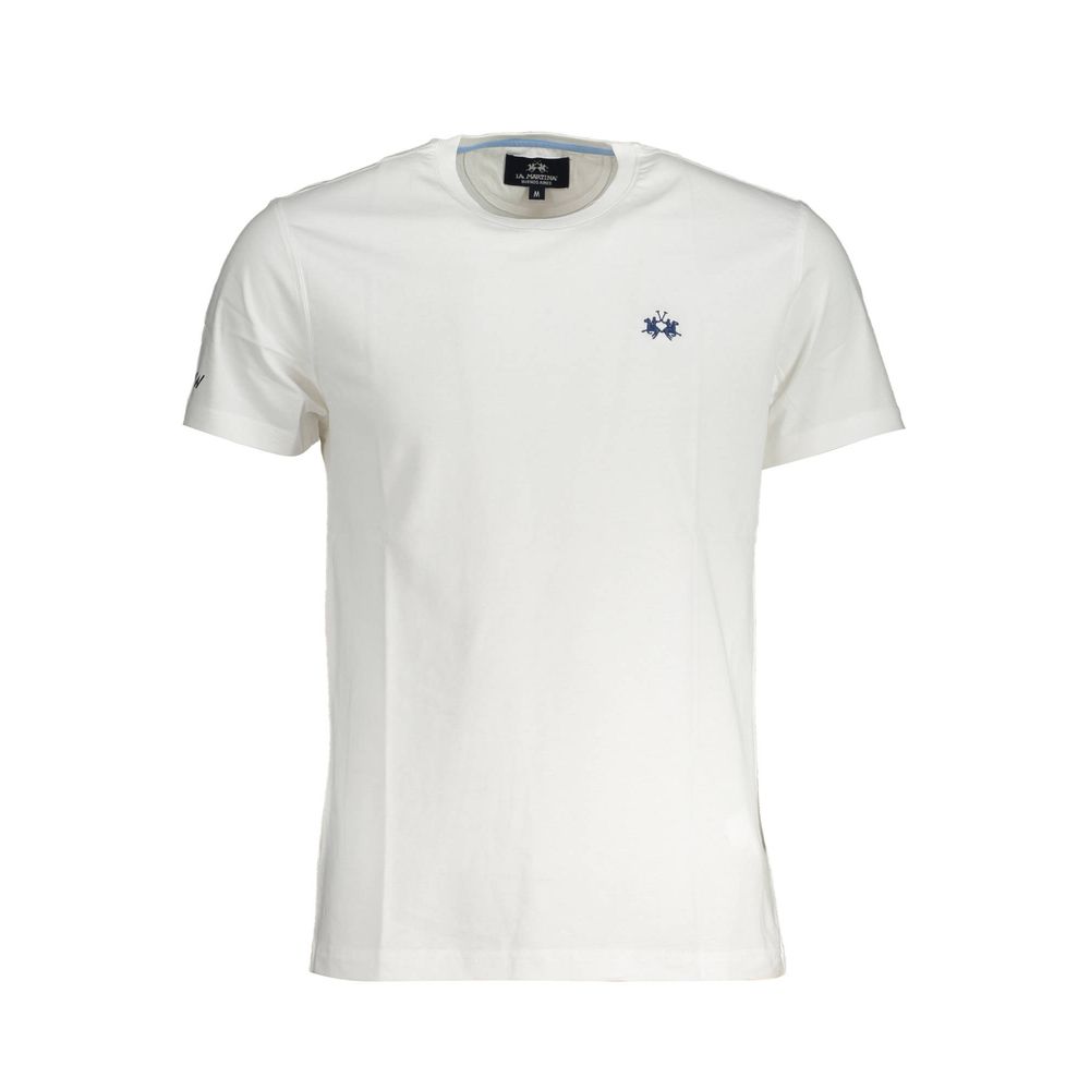 La Martina White Cotton Men T-Shirt featuring embroidery and logo on front, crew neck design, and elegant short sleeves.