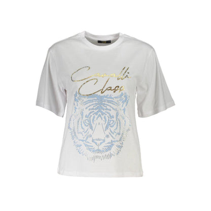 Cavalli Class White Cotton Women T-Shirt with logo and tiger print, short sleeve, round neck, luxury fashion.