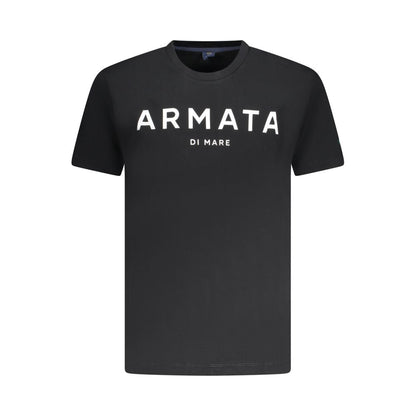 Alt Tag: Armata Di Mare Black Cotton Men T-Shirt with logo and print, featuring a classic crew neck and short sleeves, crafted for style and comfort.