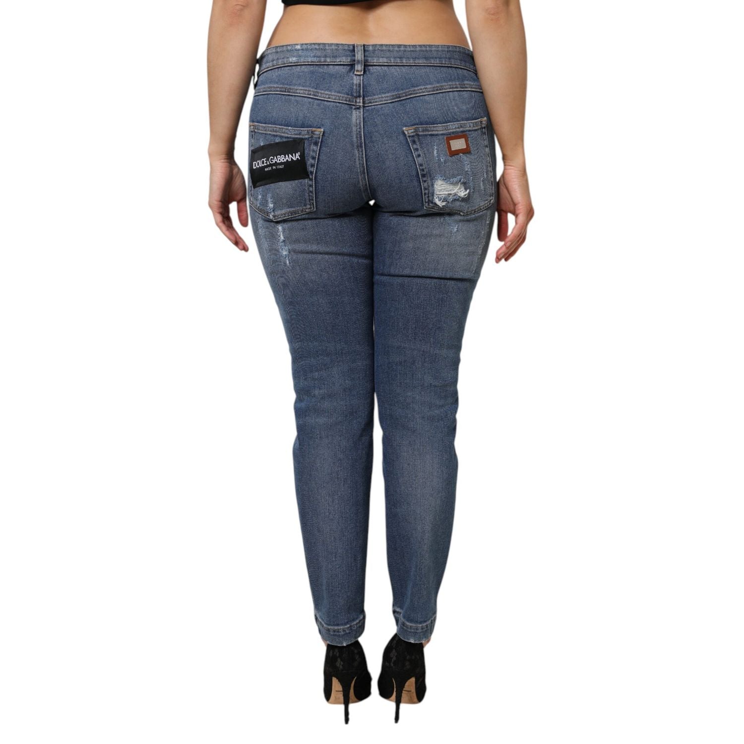 Dolce & Gabbana Blue Tattered Cotton Low Waist Denim Jeans