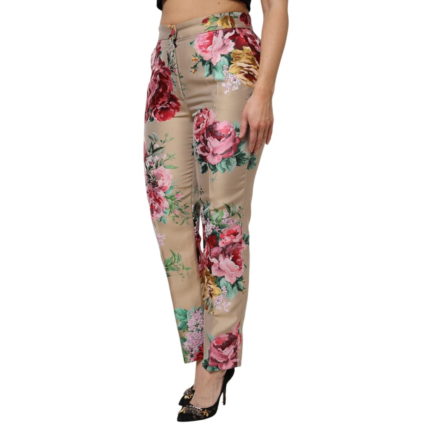 Dolce & Gabbana Beige Floral Print Women High Waist Pants
