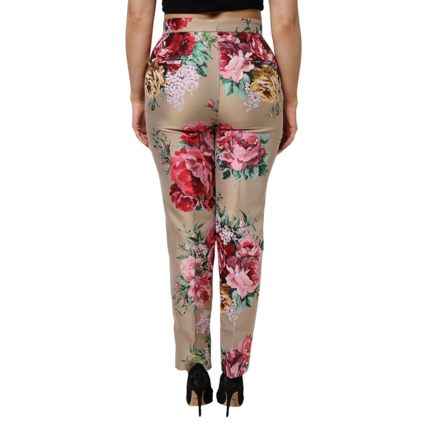 Dolce & Gabbana Beige Floral Print Women High Waist Pants